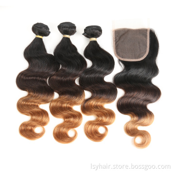 Hot Selling Ombre 3 Tones Brazilian Body Wave Hair Wefts Virgin Brazilian Hair Bundle Weave With 4x4 Closure Free Part